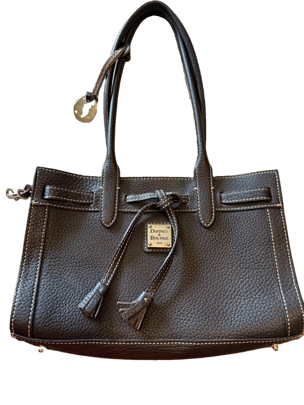 Dooney & Bourke Dark Brown Pebbled Leather Satchel with Tassel Draw